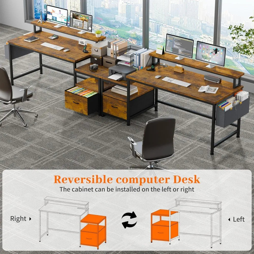 57 Inch Computer Desk with Drawers and Printer Space Office Desk with Power Outlets Home Office Desk with File Drawers Cabinet