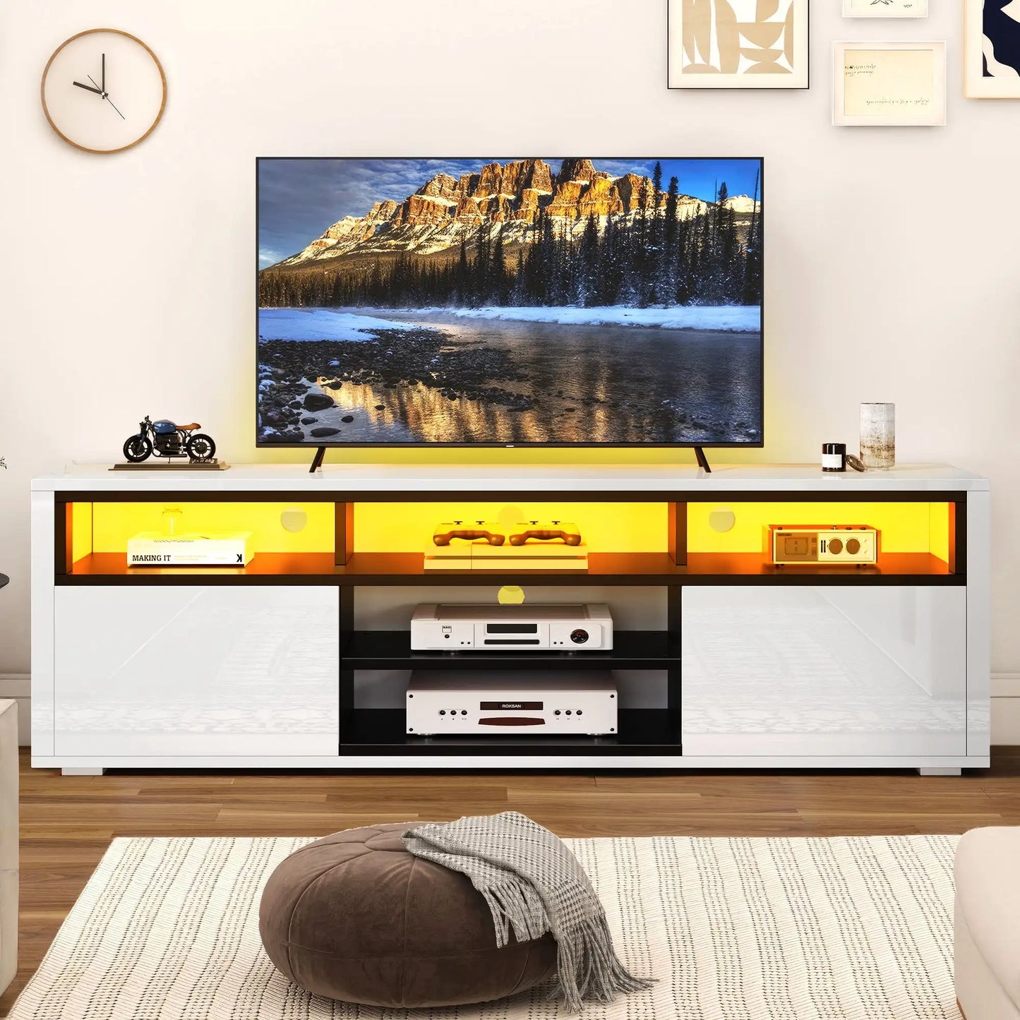 High Gloss LED TV Stand for 75 Inch TV White Storage