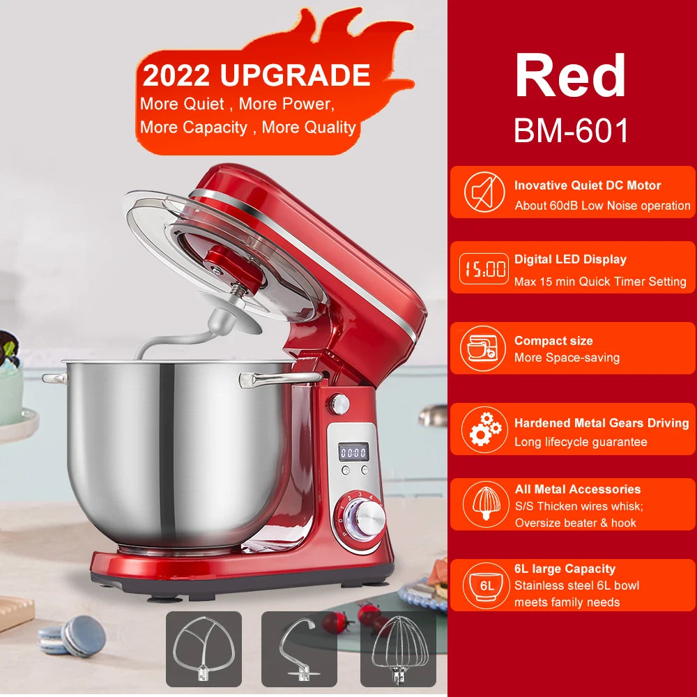 BioloMix Kitchen Food Stand Mixer Blender Quiet Motor Cream Egg Whisk Whip Dough Kneader 6 Speed 1200 Watt 6 Liter DC