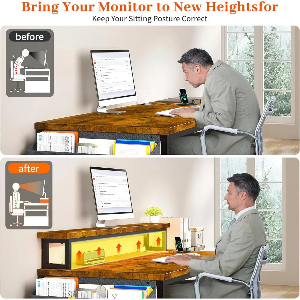 57 Inch Computer Desk with Drawers and Printer Space Office Desk with Power Outlets Home Office Desk with File Drawers Cabinet