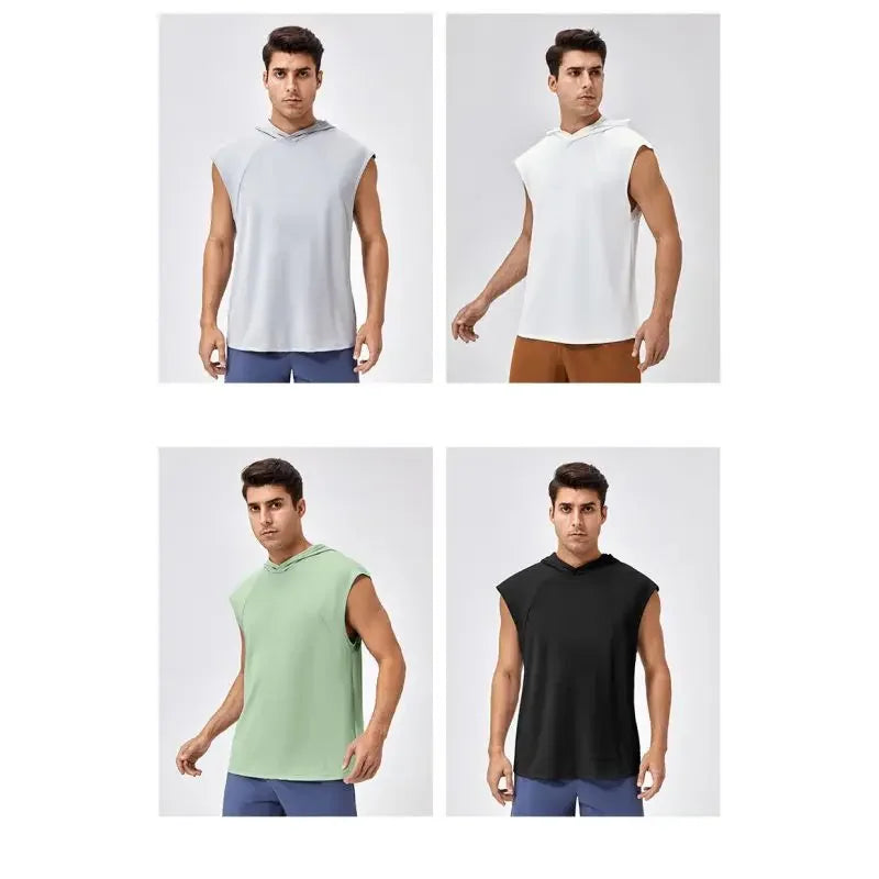 Men's Activewear Tank Tops Wide Shoulder Loose Quick Drying Hooded Fitness Vest Sportswear