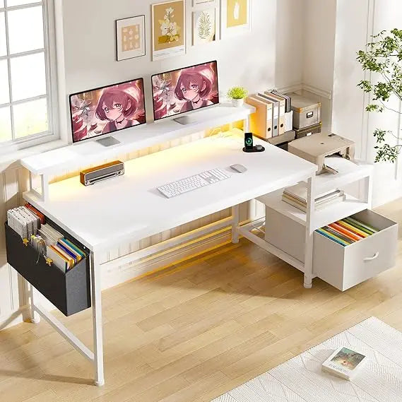 57 Inch Computer Desk with Drawers and Printer Space Office Desk with Power Outlets Home Office Desk with File Drawers Cabinet