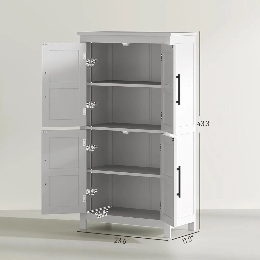 Farmhouse Bathroom Storage Cabinet with 4 Barn Doors and 2 Adjustable Shelves Freestanding Floor Cupboard in White