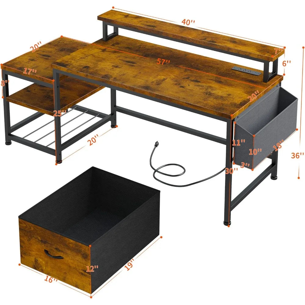 57 Inch Computer Desk with Drawers and Printer Space Office Desk with Power Outlets Home Office Desk with File Drawers Cabinet
