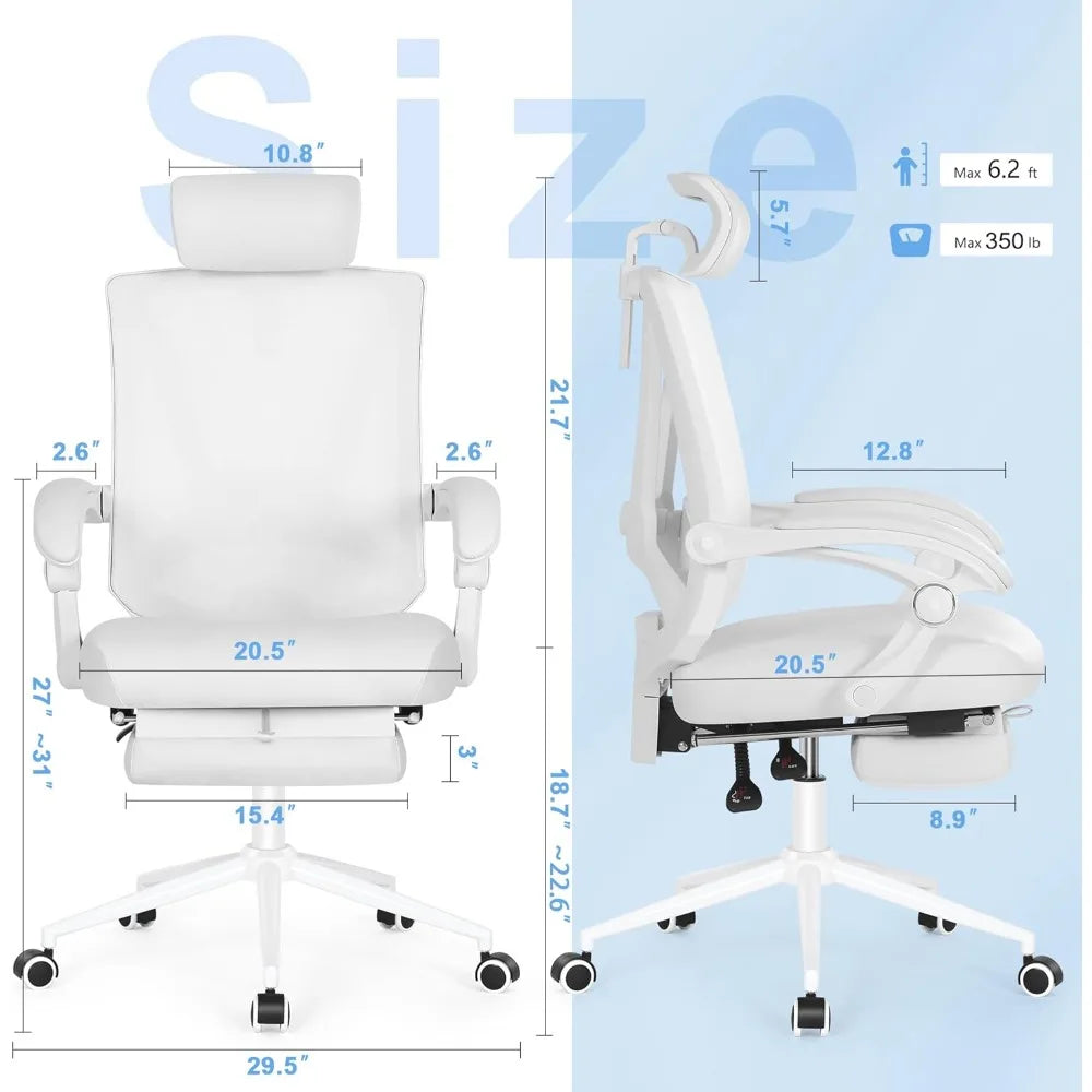 Ergonomic Office Chair with Footrest Adjustable Lumbar Support High Back Computer Chair Ivory White