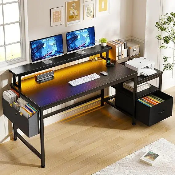 57 Inch Computer Desk with Drawers and Printer Space Office Desk with Power Outlets Home Office Desk with File Drawers Cabinet