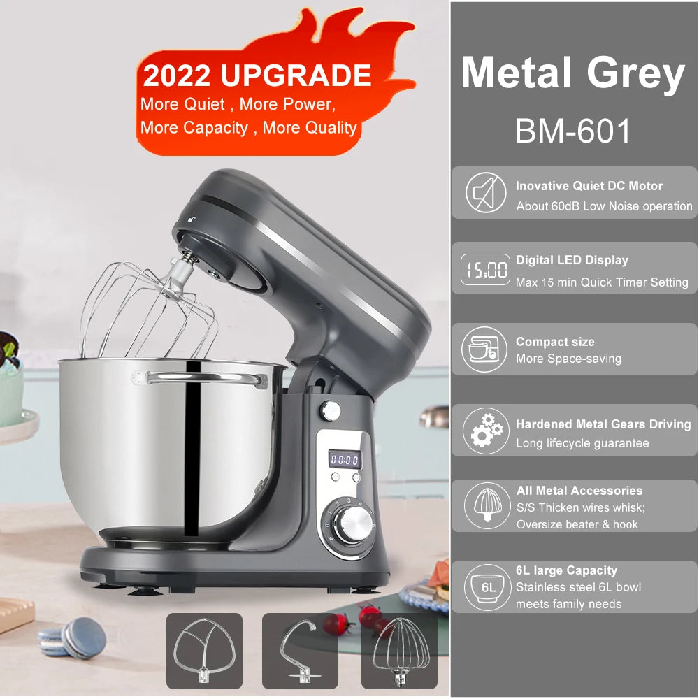 BioloMix Kitchen Food Stand Mixer Blender Quiet Motor Cream Egg Whisk Whip Dough Kneader 6 Speed 1200 Watt 6 Liter DC