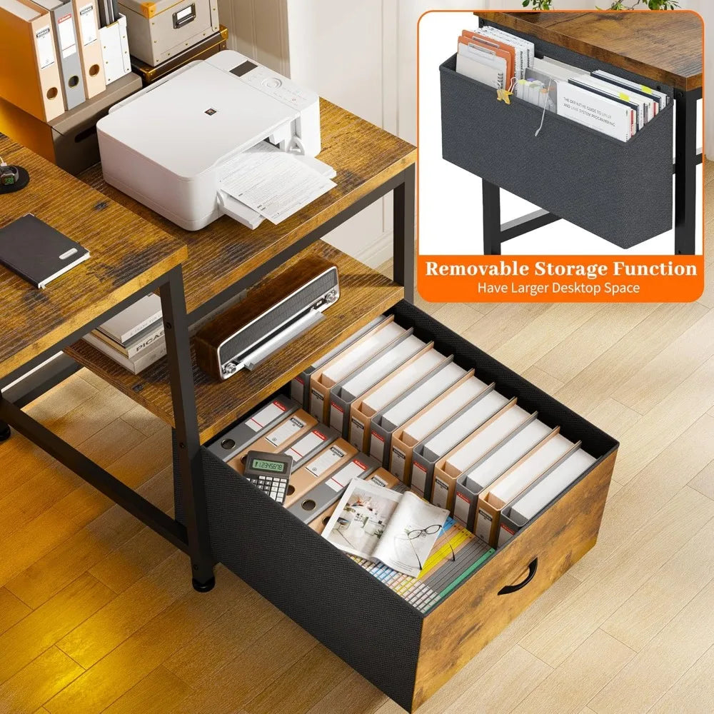57 Inch Computer Desk with Drawers and Printer Space Office Desk with Power Outlets Home Office Desk with File Drawers Cabinet