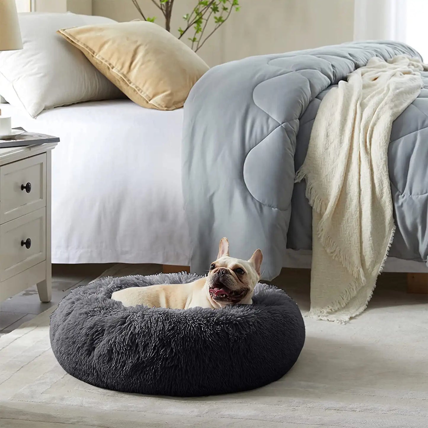 Calming Donut Dog Bed Anti Anxiety Self Warming Cozy Soft Plush Round Pet Bed Ideal for Home and Travel 27L x 27W x 8H