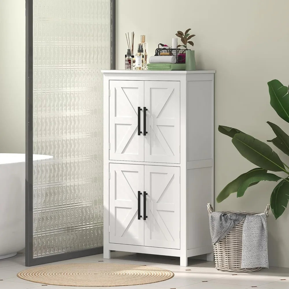 Farmhouse Bathroom Storage Cabinet with 4 Barn Doors and 2 Adjustable Shelves Freestanding Floor Cupboard in White