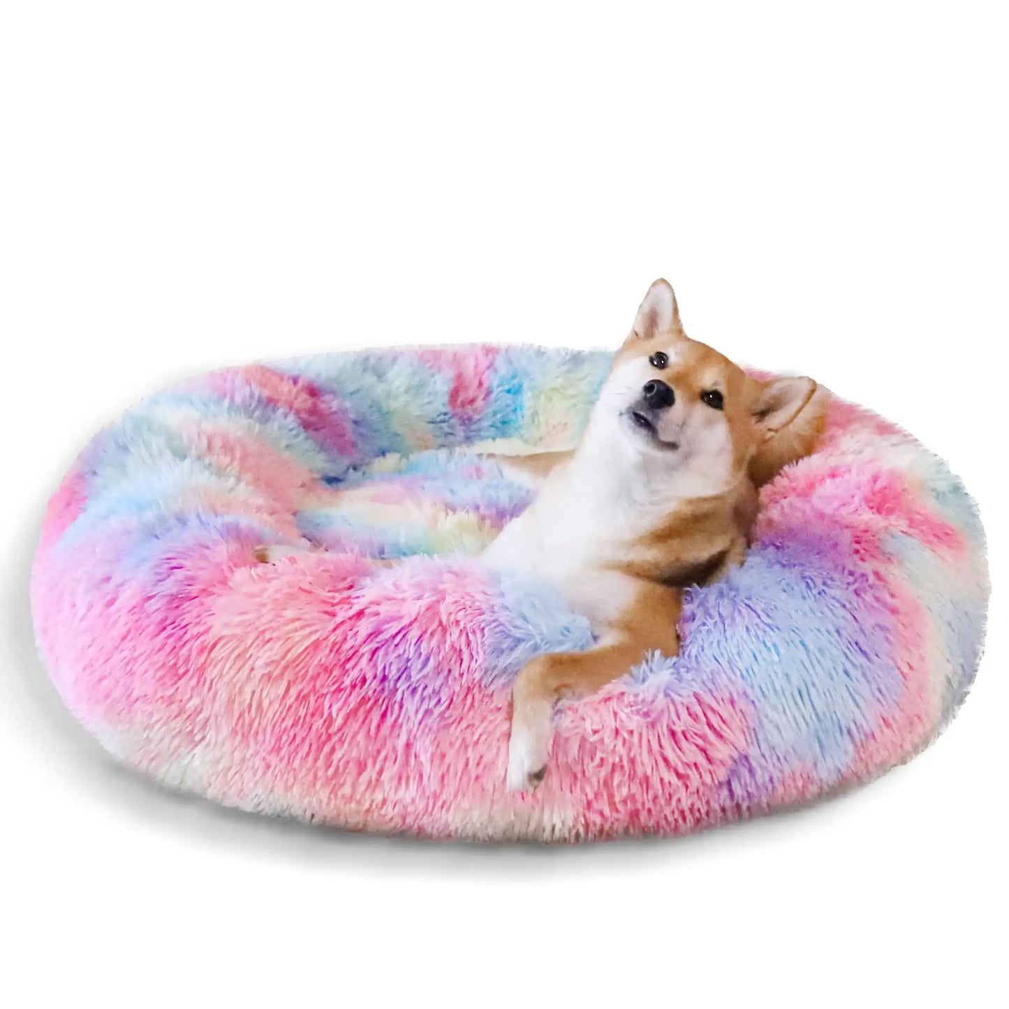 Calming Donut Pet Bed for Large Dogs 36 Inch Anti Anxiety Plush Cozy Warming Dog Bed Pink Rainbow