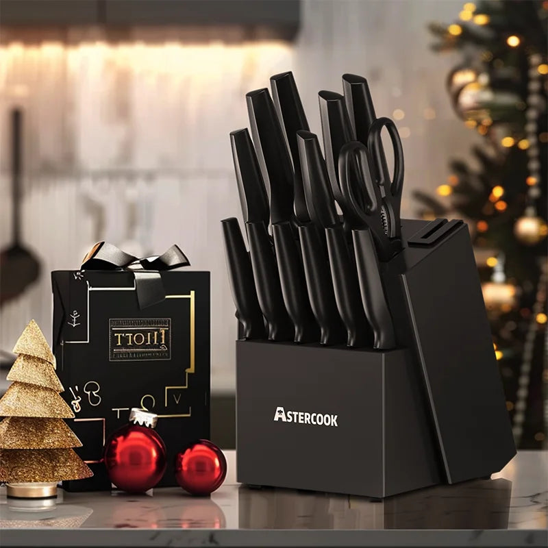 Astercook Kitchen Knife Set with Built-in Sharpener Block