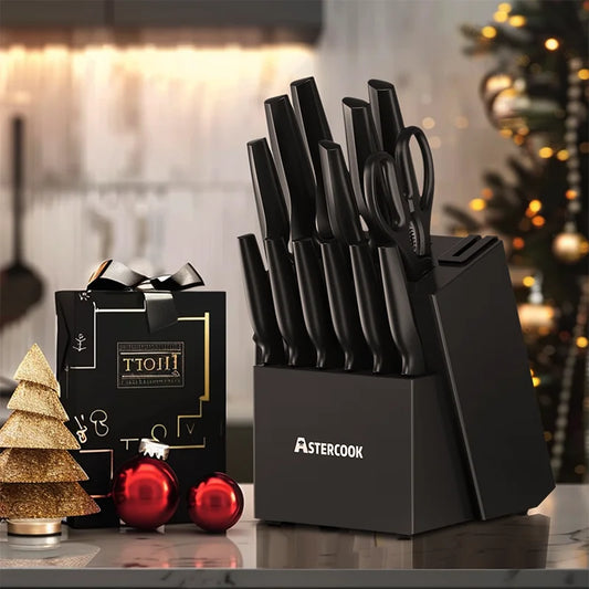 Astercook Kitchen Knife Set with Built-in Sharpener Block