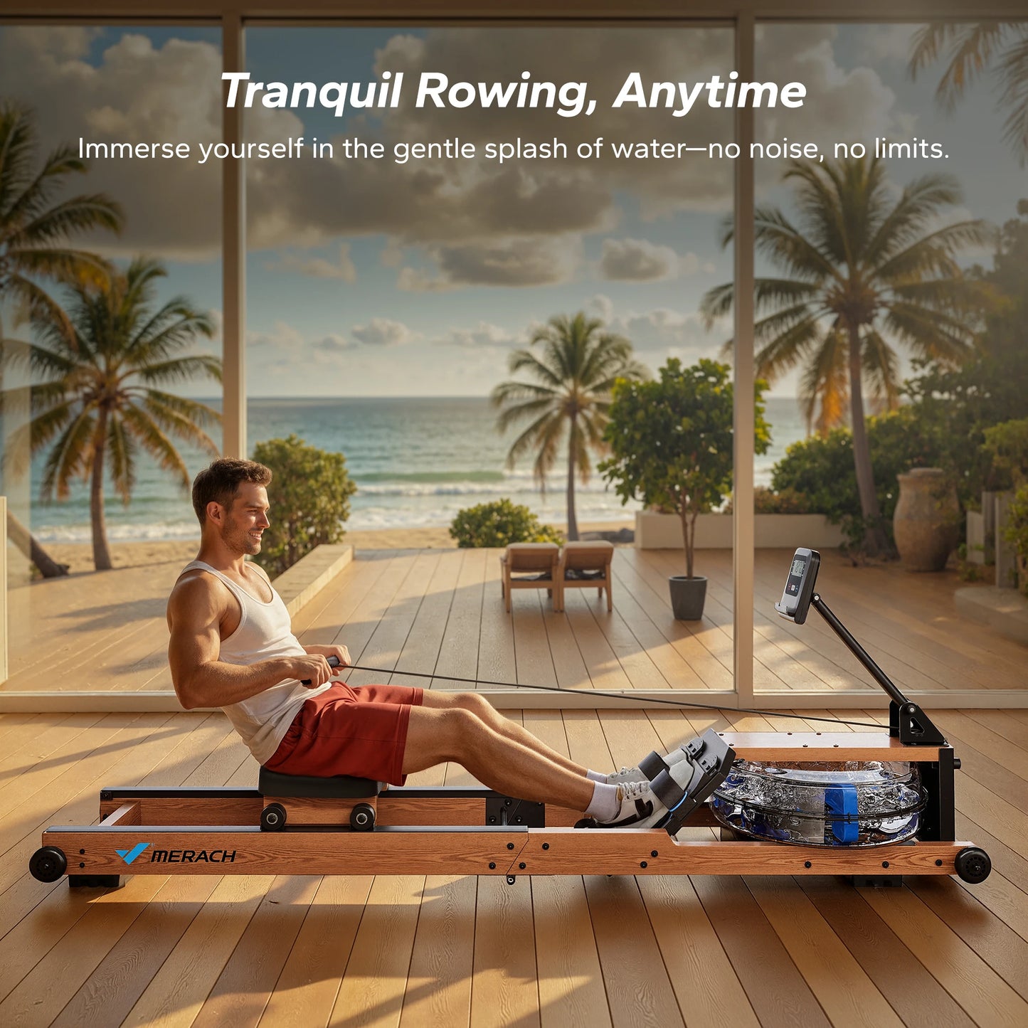 Merach Water Rowing Machine Foldable 400lb Capacity Monitor