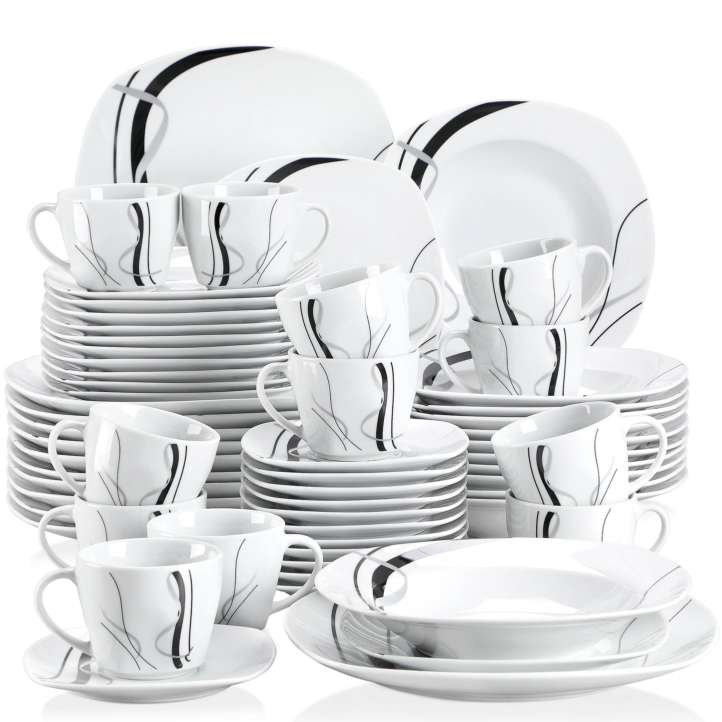 Veweet Fiona 30/60 Piece Black Lines Porcelain Ceramic Tableware Set with Dessert Plates Soup Plates Dinner Plates Cups Saucers