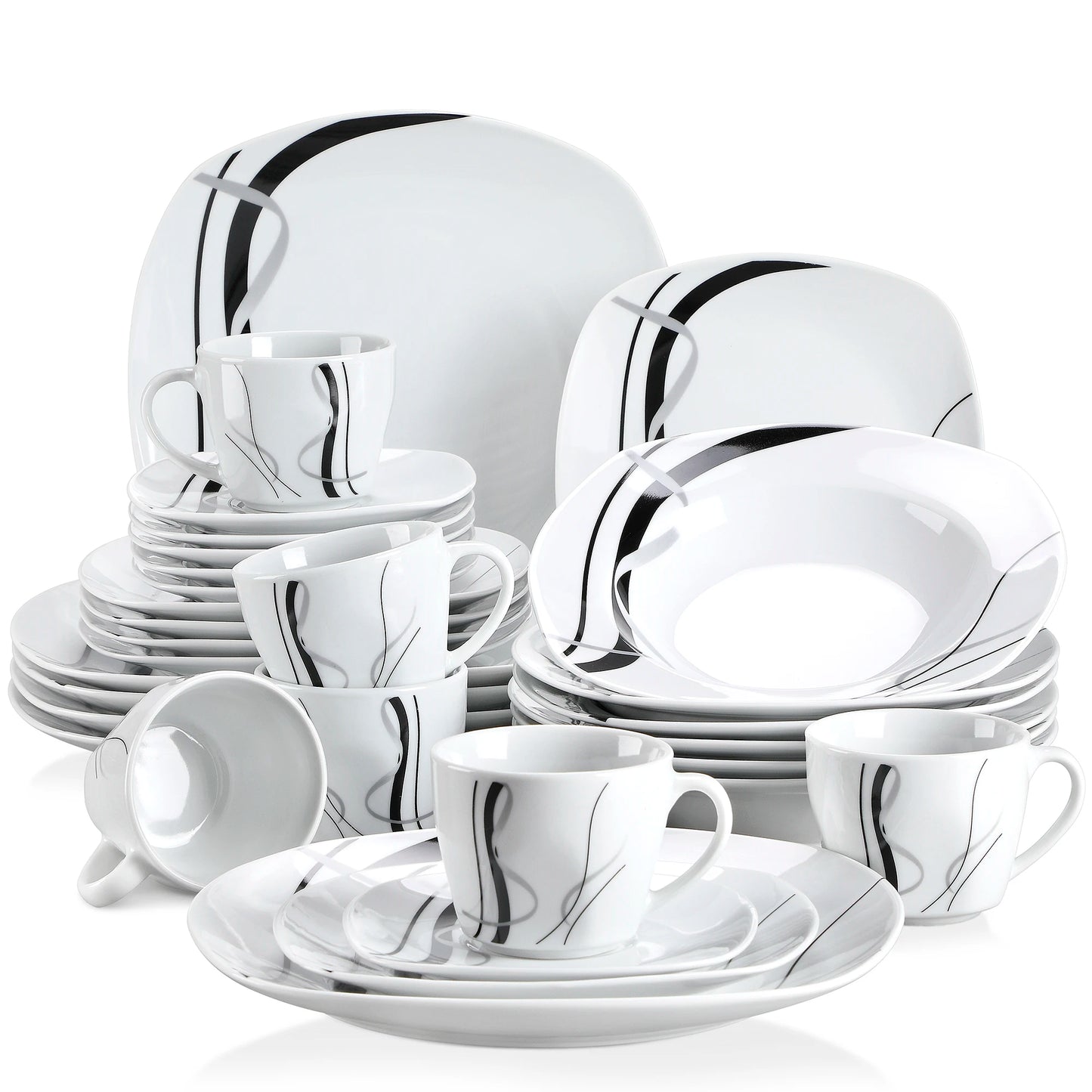 Veweet Fiona 30/60 Piece Black Lines Porcelain Ceramic Tableware Set with Dessert Plates Soup Plates Dinner Plates Cups Saucers