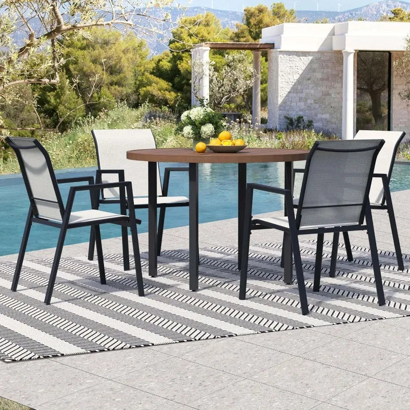 42 Inch Round Outdoor Dining Table for 4 Metal Patio Table with Umbrella Hole Small Outdoor Cocktail Table for Garden Walnut
