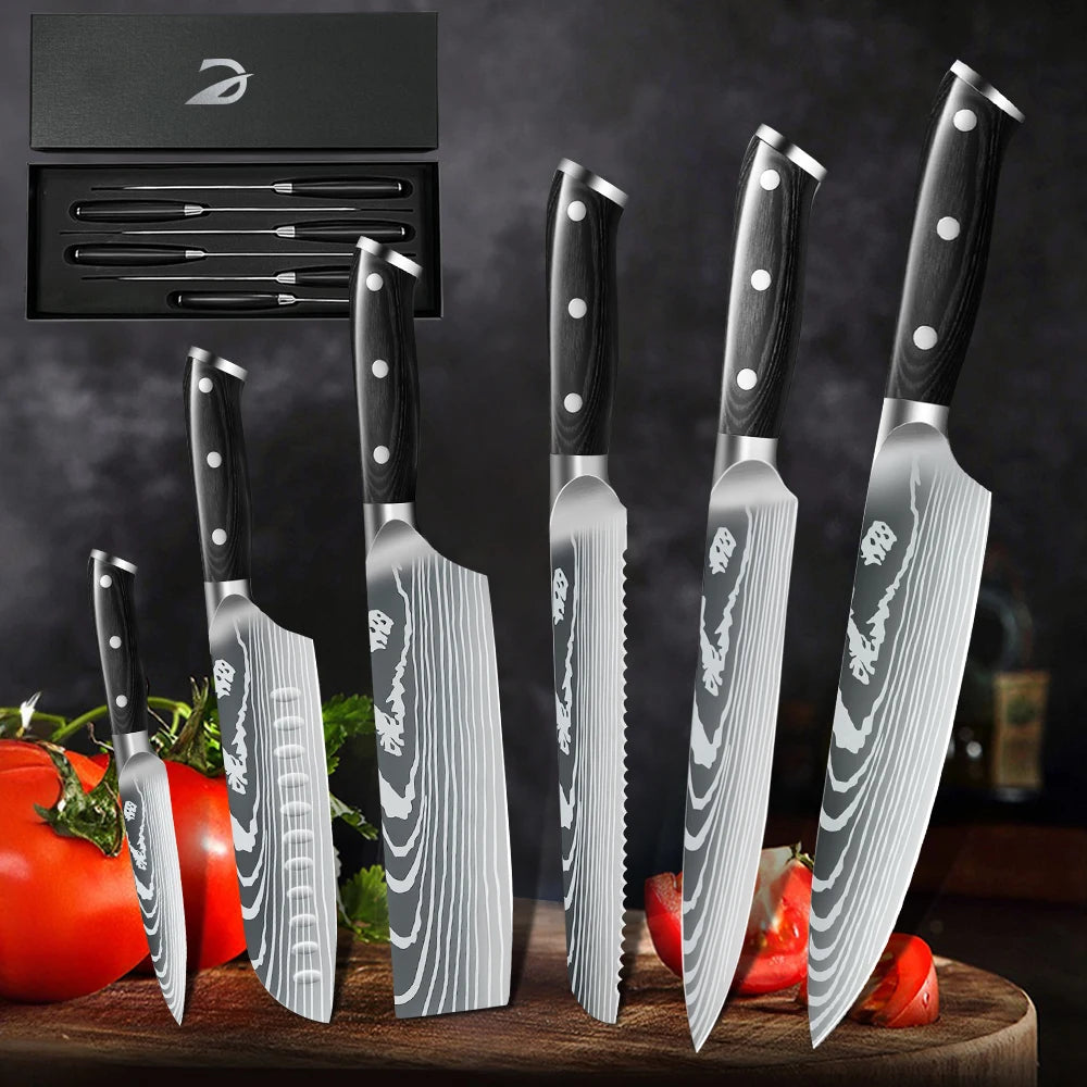 6/10pcs Black handle Kitchen Knives Gift Box Set Sharp Stainless Steel Chef knife Sankotu Cleaver Boning Paring knife