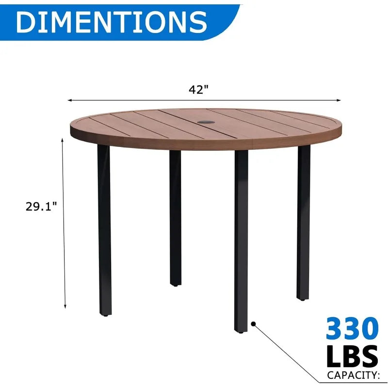 42 Inch Round Outdoor Dining Table for 4 Metal Patio Table with Umbrella Hole Small Outdoor Cocktail Table for Garden Walnut