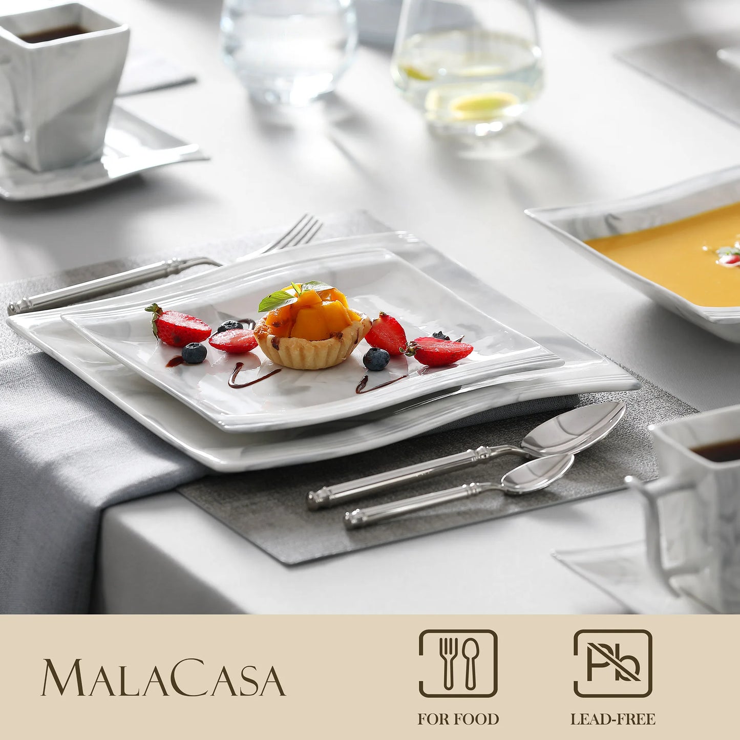 Malacasa Flora Marble Porcelain Dinnerware Set 30/60 Pieces with Dinner Plates Dessert Plates Soup Plates Cups and Saucers