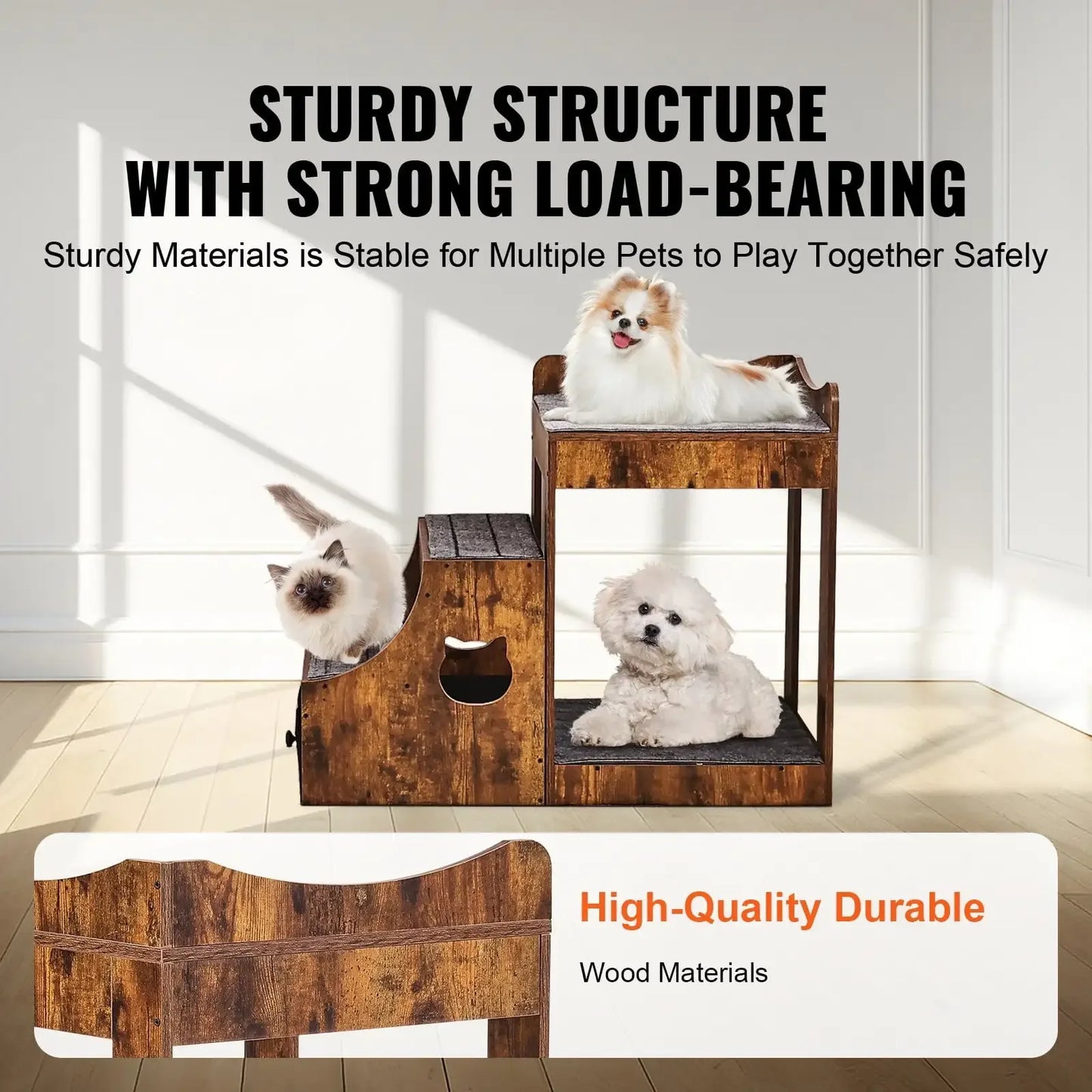 Pet Bunk Bed with Stairs for Dogs and Cats Indoor Window Perch with Storage in Brown