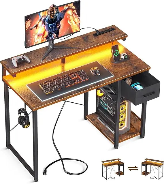 Gaming Desk with LED Lights and Power Outlet 40 Inch Computer Desk with Drawer Reversible Desk with Monitor Shelf and Headphone Hook