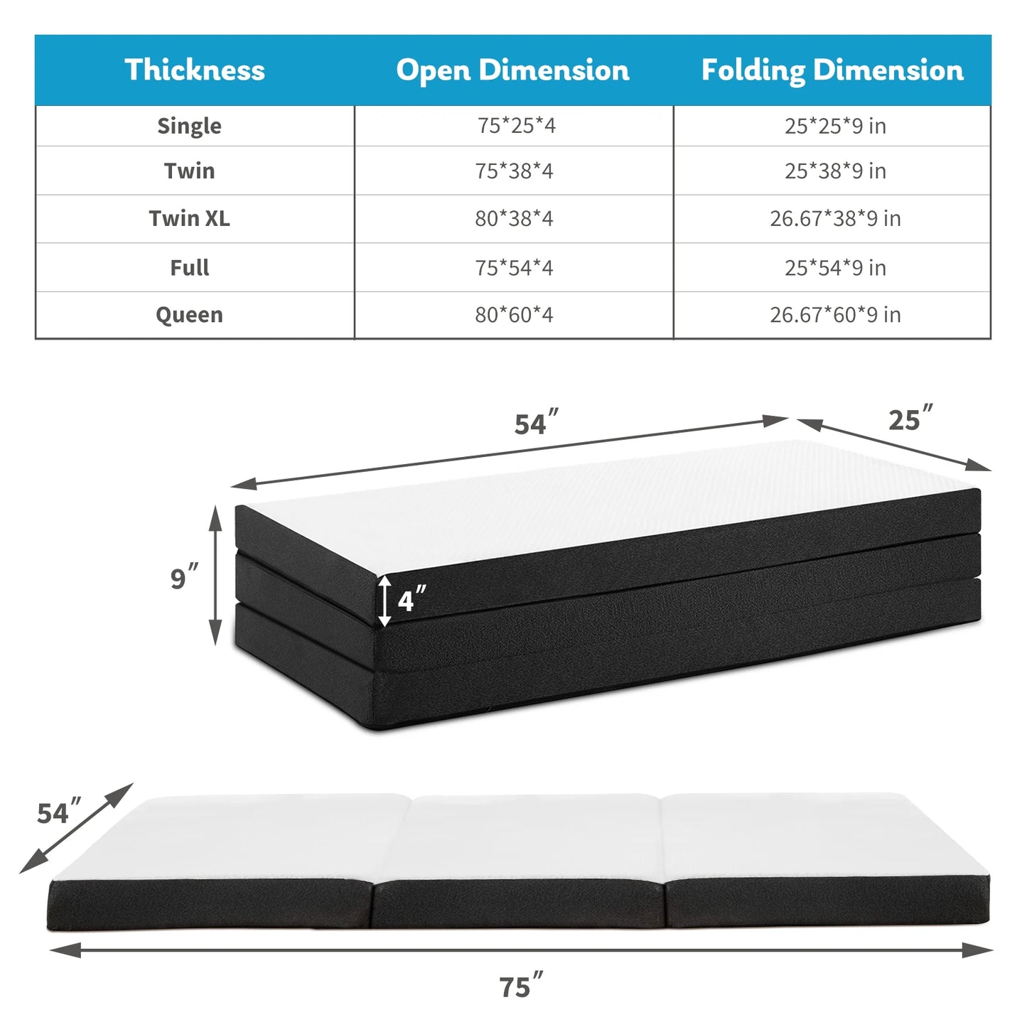 JHK Three Fold Portable Floor Bed CertiPUR Camping Yoga