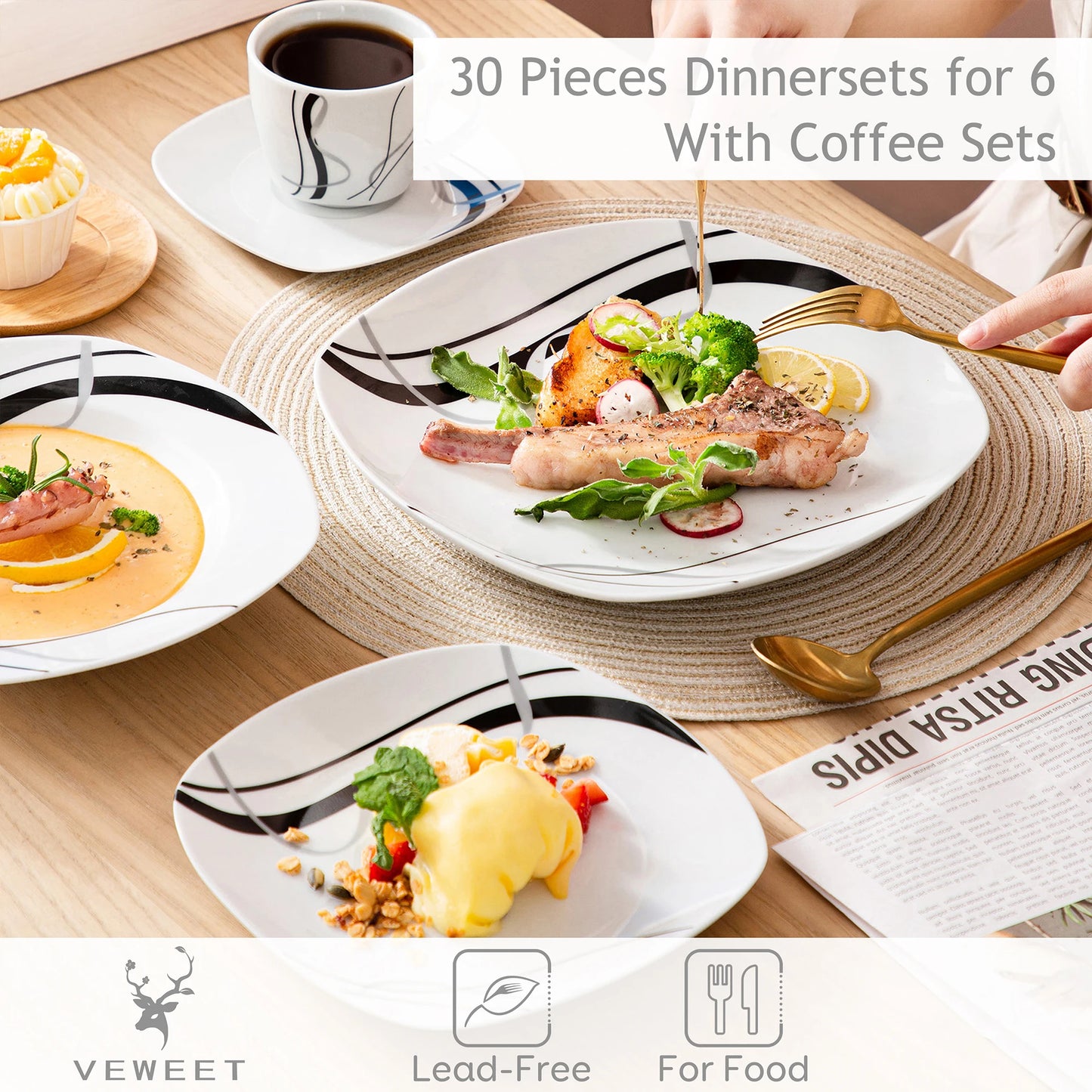 Veweet Fiona 30/60 Piece Black Lines Porcelain Ceramic Tableware Set with Dessert Plates Soup Plates Dinner Plates Cups Saucers