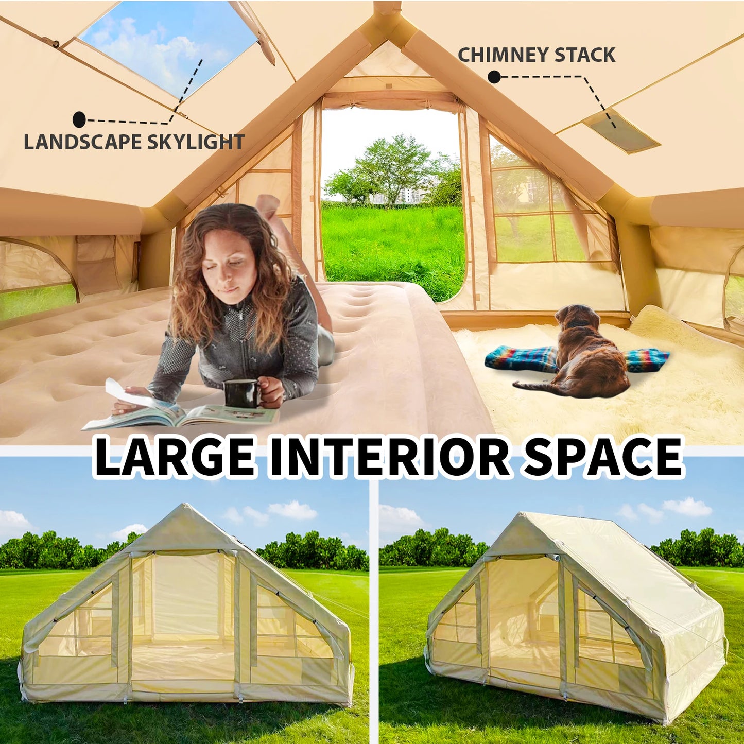 Inflatable Waterproof Tent with Hand Pump Oxford Fabric Camping Tent with Skylight 4 Season Family Tent for Camping