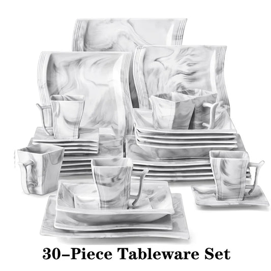 Malacasa Flora Marble Porcelain Dinnerware Set 30/60 Pieces with Dinner Plates Dessert Plates Soup Plates Cups and Saucers
