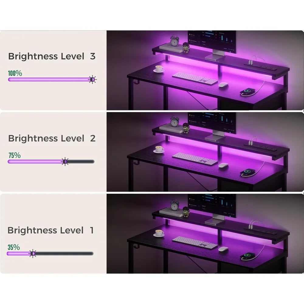 Gaming Desk with LED Lights and Power Outlet 40 Inch Computer Desk with Drawer Reversible Desk with Monitor Shelf and Headphone Hook