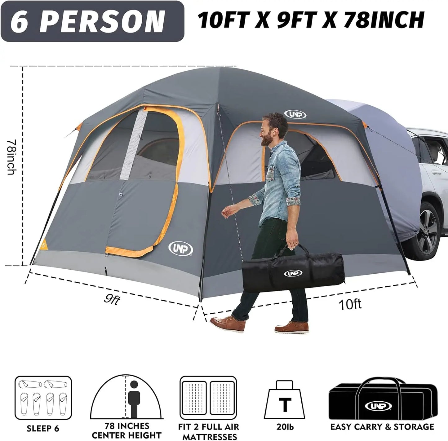 Tent For Camping 6 Person SUV Tailgate Tent Easy Set Up With Rainfly 10x9x78in Height