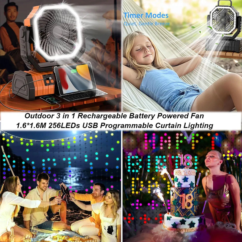 Multi Function Bluetooth Camping Fan 20000mAh Portable Power Bank LED String Lights for Outdoor Activities