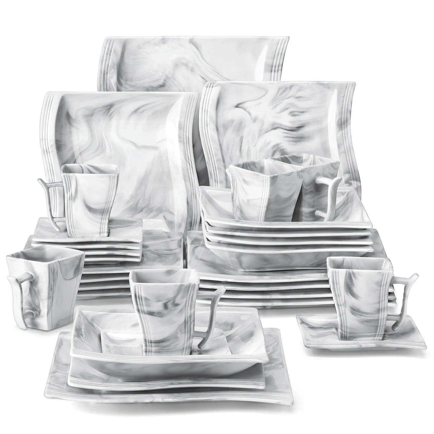 Malacasa Flora Marble Porcelain Dinnerware Set 30/60 Pieces with Dinner Plates Dessert Plates Soup Plates Cups and Saucers