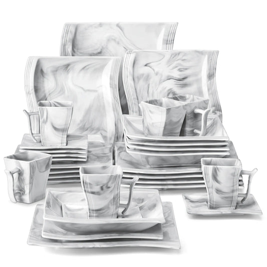 Malacasa Flora 30 60 Pieces Marble Porcelain Dinnerware Set with 12 Dinner Plates Dessert Plates Soup Plates Cups and Saucers Tableware Set