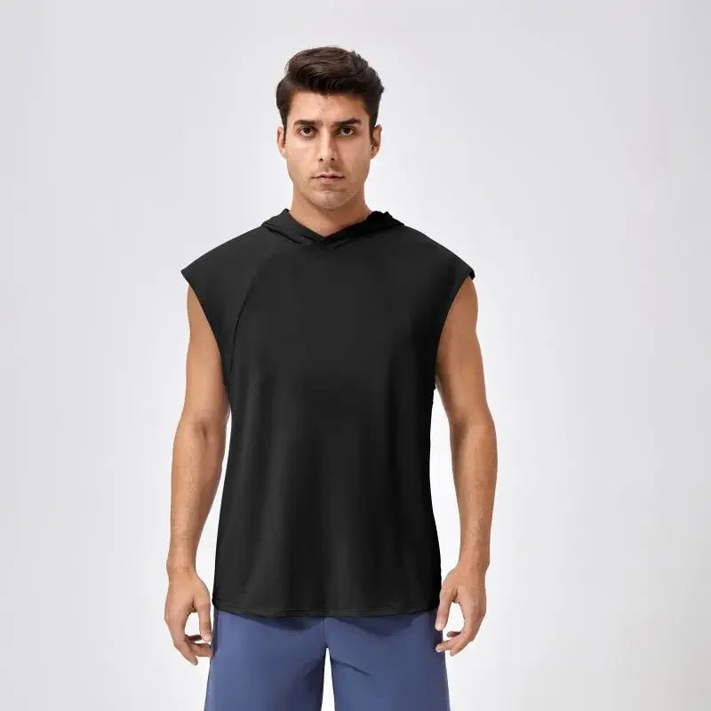 Men's Activewear Tank Tops Wide Shoulder Loose Quick Drying Hooded Fitness Vest Sportswear