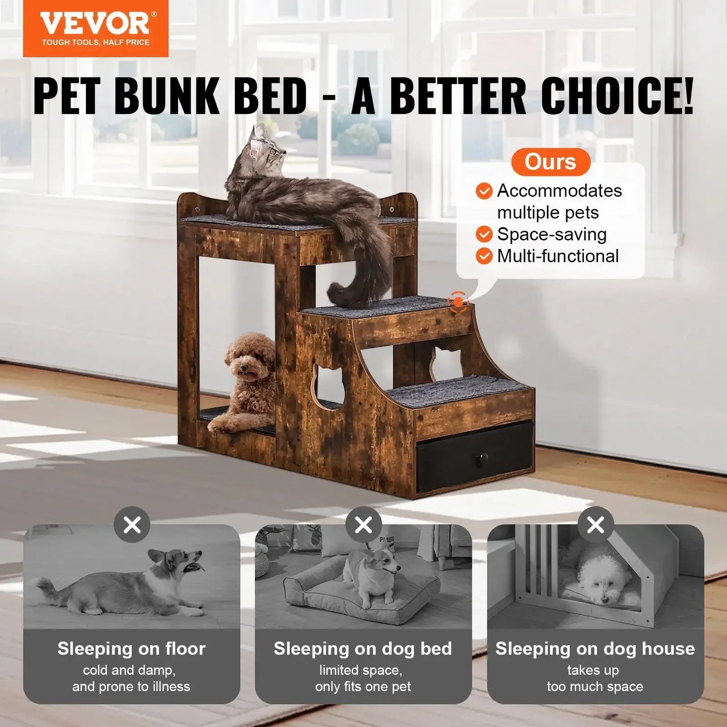 Pet Bunk Bed with Stairs for Dogs and Cats Indoor Window Perch with Storage in Brown