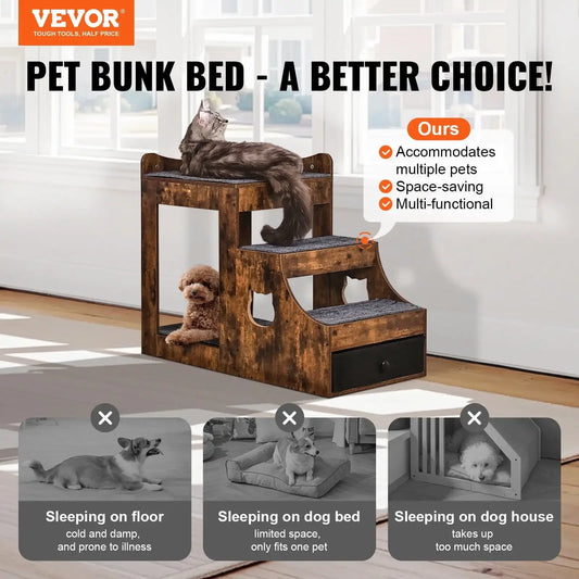 Pet Bunk Bed with Stairs for Dogs and Cats Indoor Window Perch with Storage in Brown