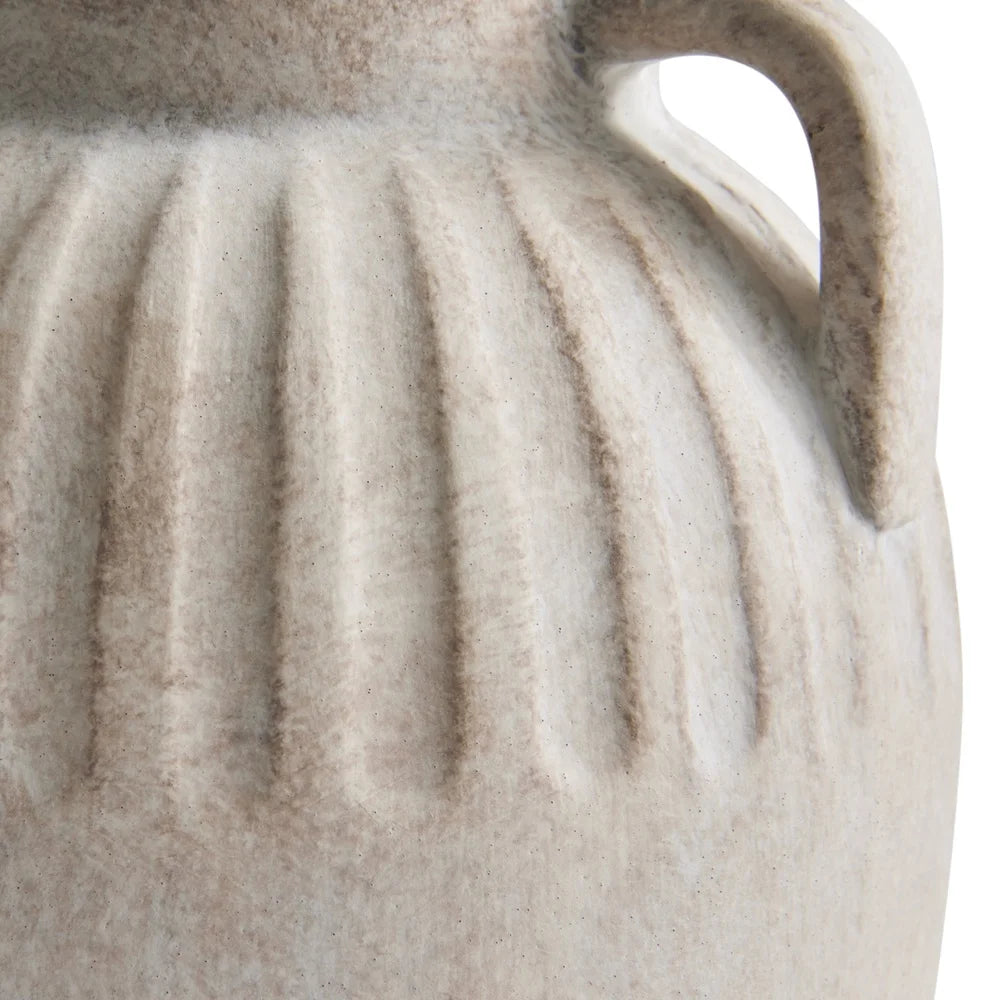Three Handle Ceramic Vase 10 Inch Decorative Indoor Flower Holder Textured Design Accent Piece Home Decor
