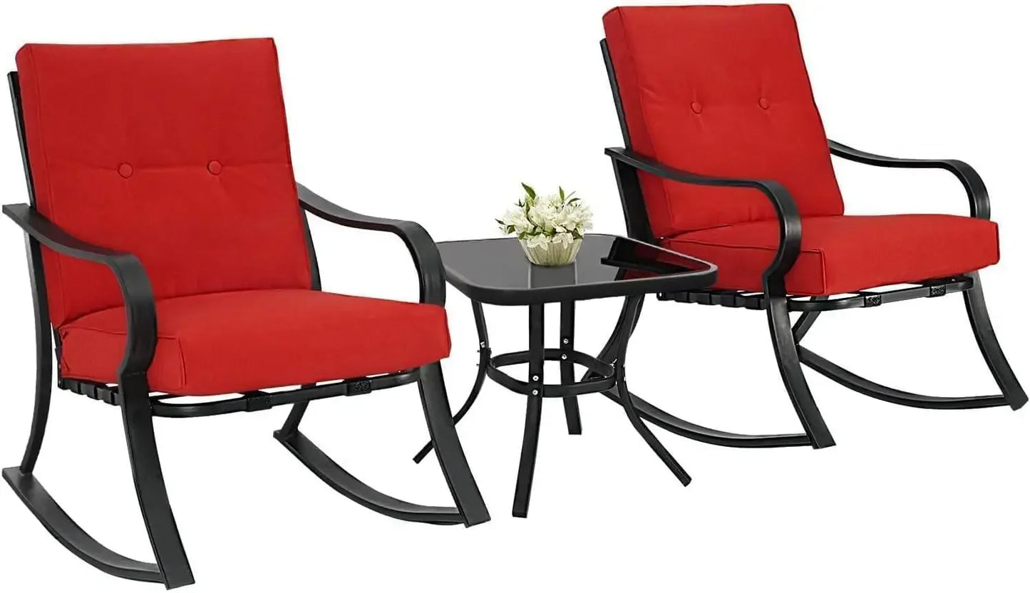 Furniture 3 Piece Conversation Bistro Set Rocking Chairs with Glass Top Table Thick Cushions Black Steel