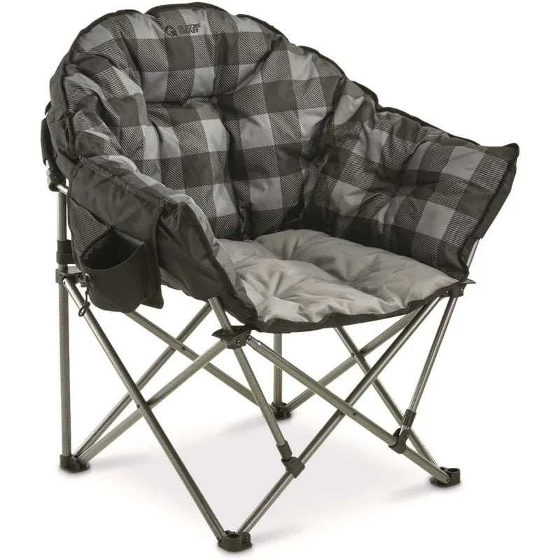 Guide Gear Club Camping Chair Oversized Portable Folding with Padded Seats 500 Pound Capacity Gray Plaid 25 Inch D x 34 Inch W x 37 Inch H