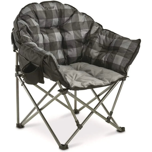 Guide Gear Club Camping Chair Oversized Portable Folding with Padded Seats 500 Pound Capacity Gray Plaid 25 Inch D x 34 Inch W x 37 Inch H