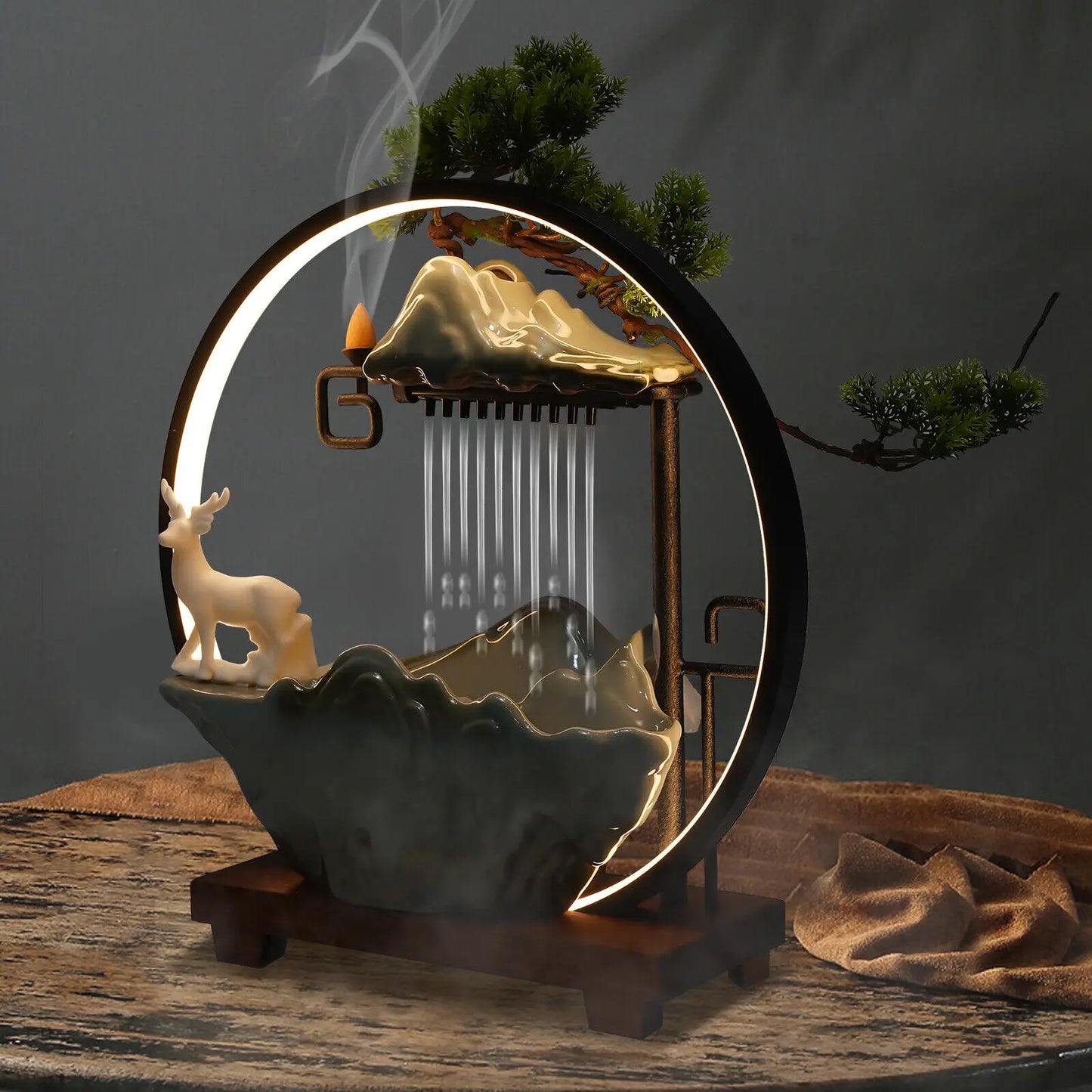 Desktop Water Fountain Indoor Waterfall with Atomizer & LED Decor