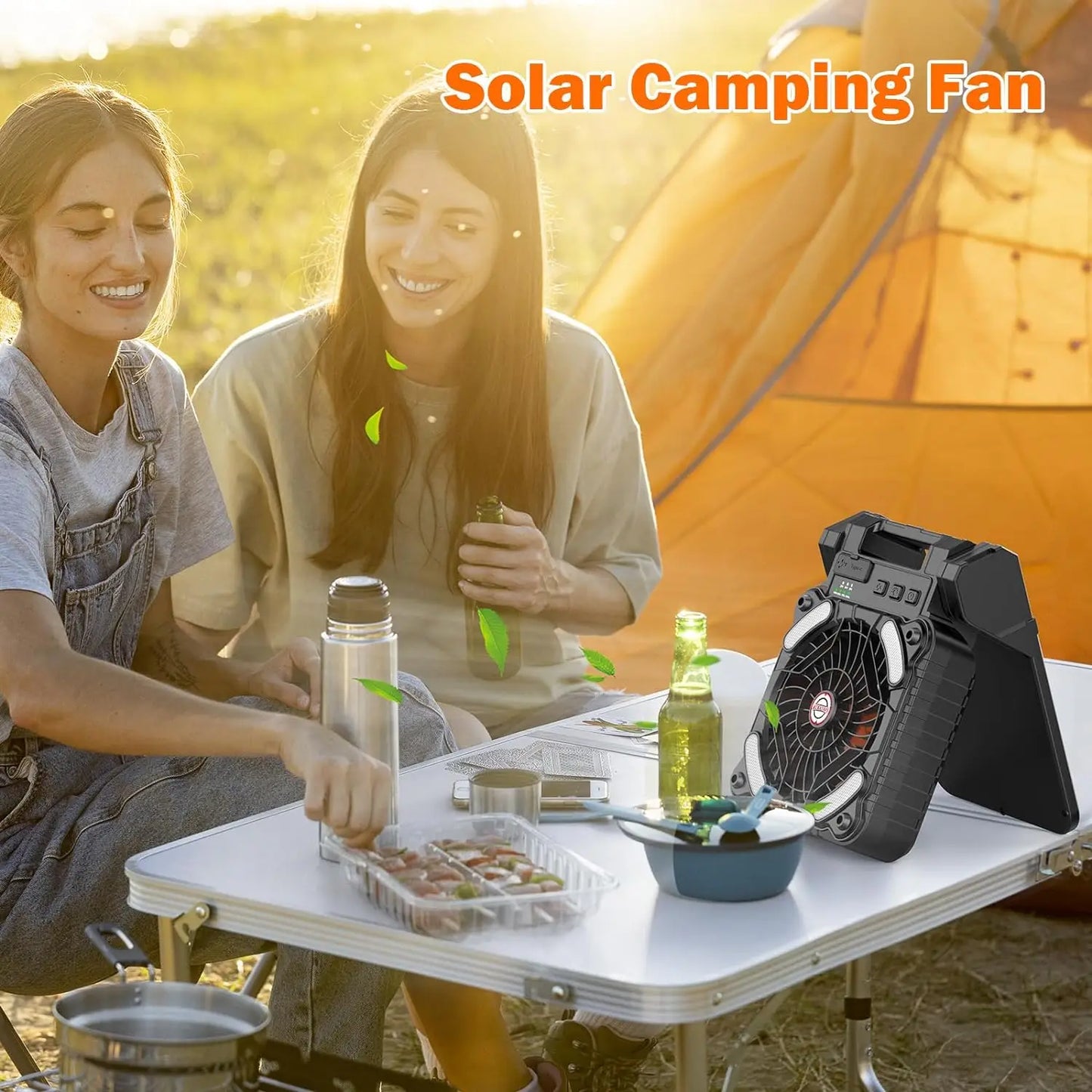 Solar Powered Camping Fan with LED Lantern and 10400mAh Rechargeable Battery Portable Eco Friendly Phone Charging Timer