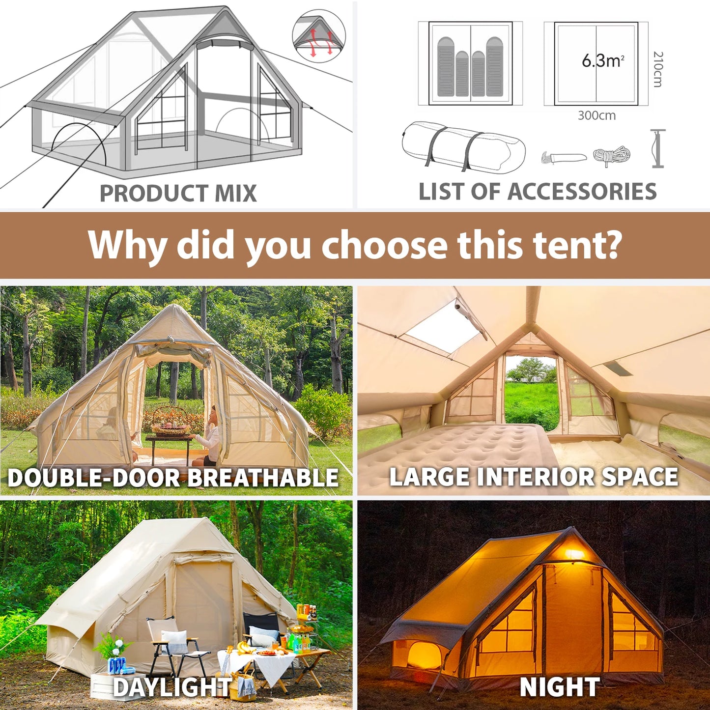 Inflatable Waterproof Tent with Hand Pump Oxford Fabric Camping Tent with Skylight 4 Season Family Tent for Camping
