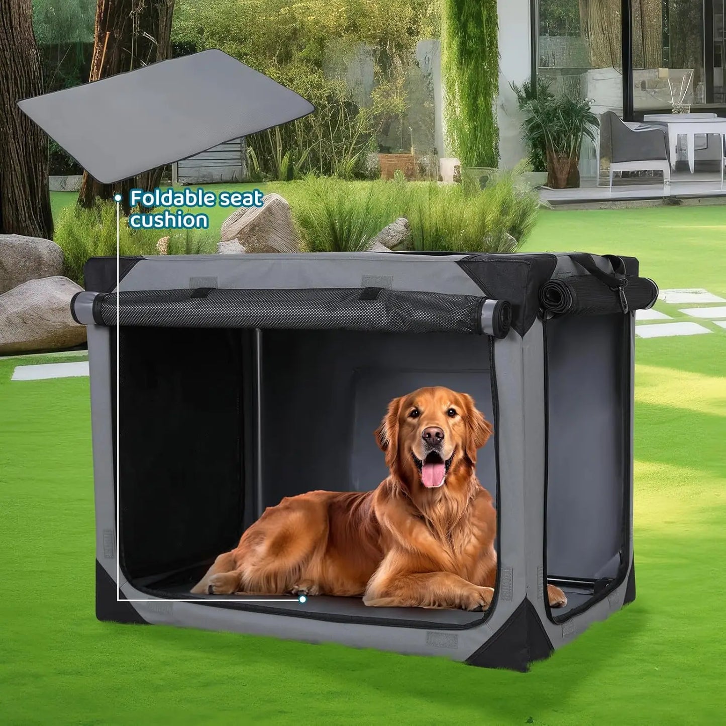 Collapsible Dog Crate 36 Inch 42 Inch Outdoor Travel Dog Crate Portable Fabric Cover Kennel by Iron Pipe with Four Mesh Windows