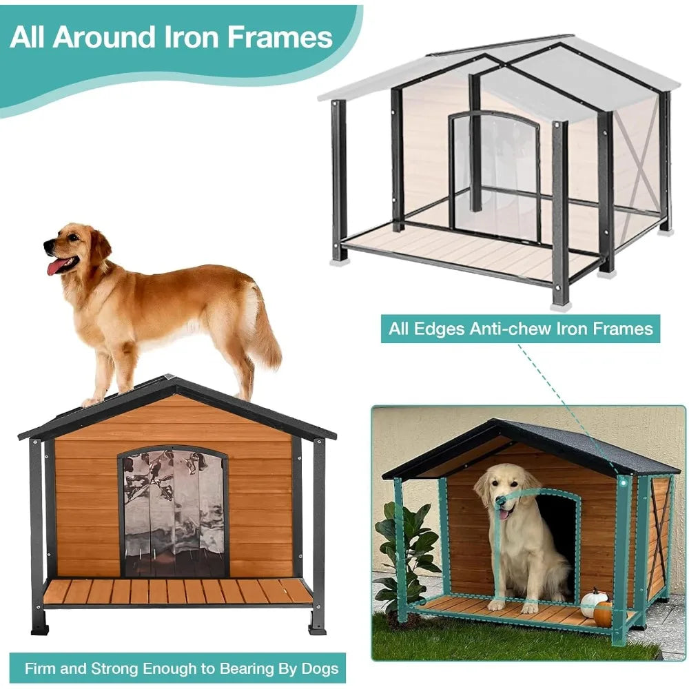 Outdoor Dog House Weatherproof Wooden Dog Shelter for Medium to Large Dogs Iron Frame Indoor Outdoor Doghouse Puppy Kennel