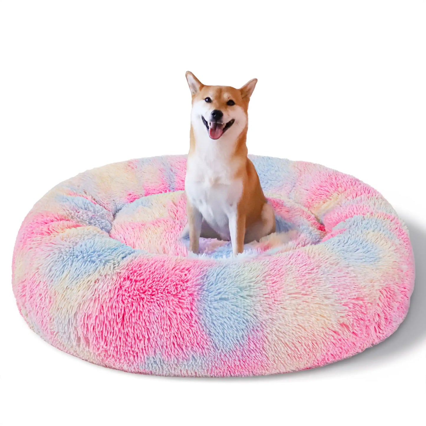 Calming Donut Pet Bed for Large Dogs 36 Inch Anti Anxiety Plush Cozy Warming Dog Bed Pink Rainbow
