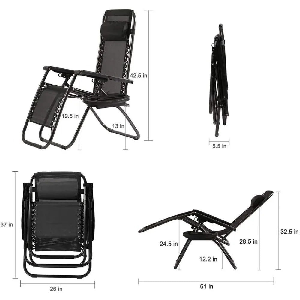 Zero Gravity Lawn Lounge Chairs Set of Two with Pillow and Cup Holder Adjustable Reclining Folding Outdoor Beach Chairs