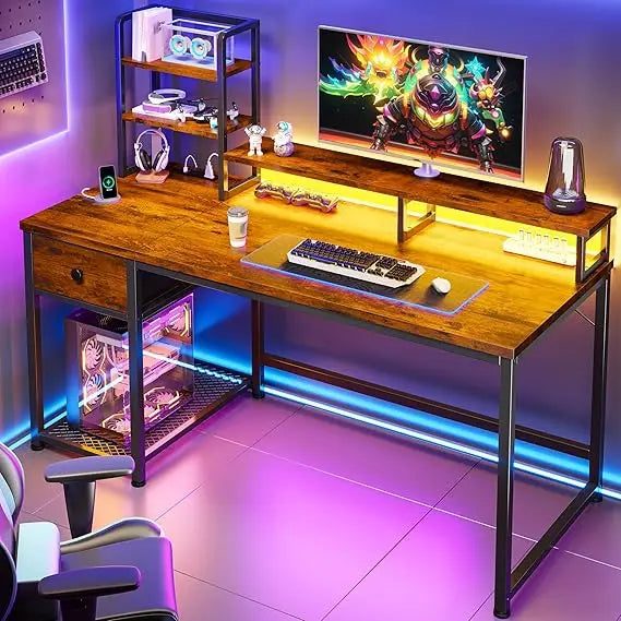 Gaming Desk With LED Lights Computer Desk With Drawers Home Office Desks With Power Outlets And Storage